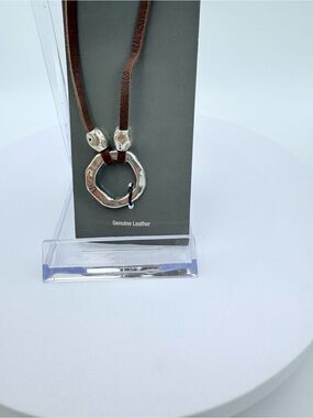 Leather Necklace with Hammered Silver Ring Pendant NWT
